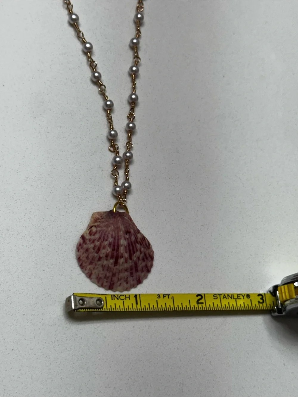 Gold Pearl Chain Necklace with Pink Shell Pendant - Picture 5 of 12